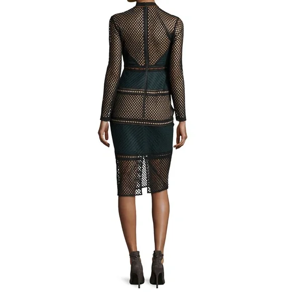 SELF-PORTRAIT Forest Green Fitted Lace Mesh Midi - Picture 3 of 4